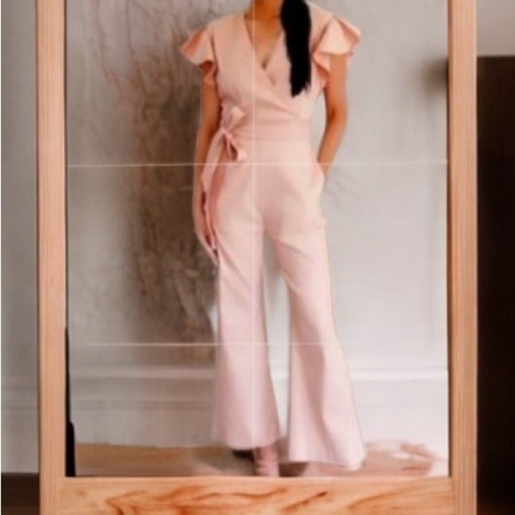 Rachel Parcell Pale Pink Ruffled Sleeve Tie Waist Pantsuit Sz S Belted - Picture 1 of 10